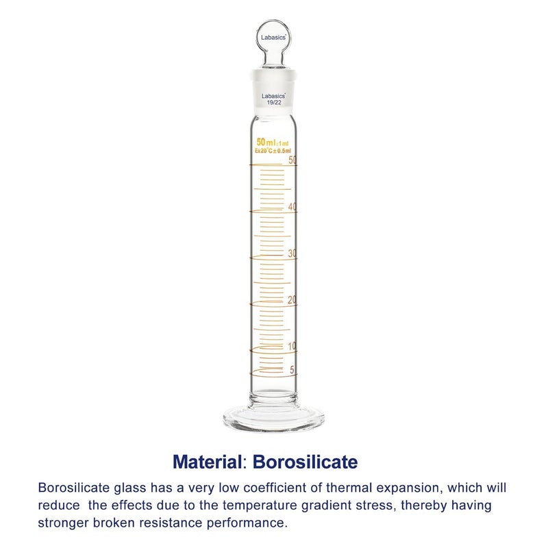 Labasics Graduated Cylinder with Stopper, 50 ml Borosilicate Glass Measuring Cylinder with 19/22 Standard Ground Joint Stopper, Durable Laboratory Glassware for Accurate Liquid Measurement - Image 3